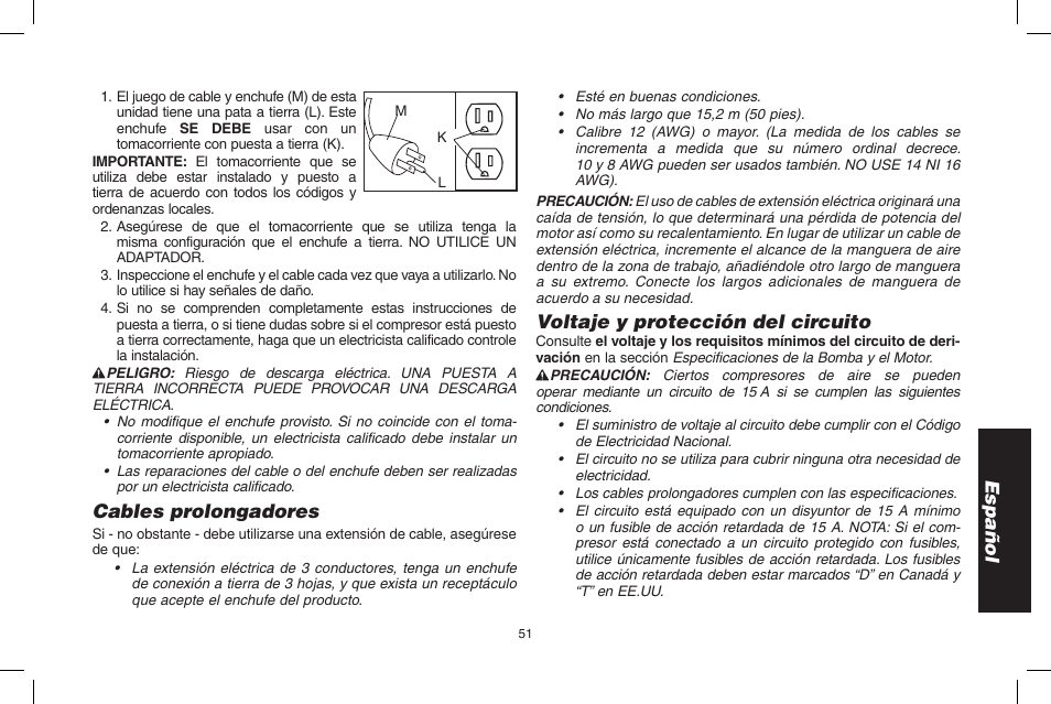 Español, Cables prolongadores, Voltaje y protección del circuito | Epson D55168 User Manual | Page 51 / 64