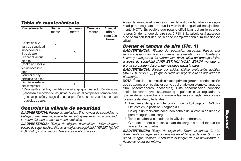 Español tabla de mantenimiento, Controlar la válvula de seguridad, Drenar el tanque de aire (fig. 1) | Epson D55168 User Manual | Page 55 / 64
