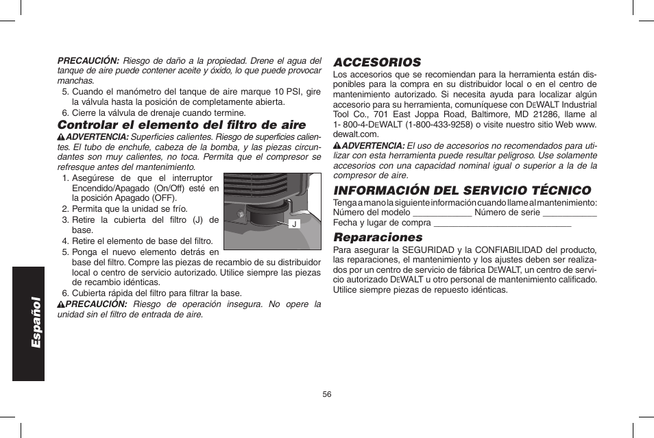 Español, Controlar el elemento del fi ltro de aire, Accesorios | Información del servicio técnico, Reparaciones | Epson D55168 User Manual | Page 56 / 64