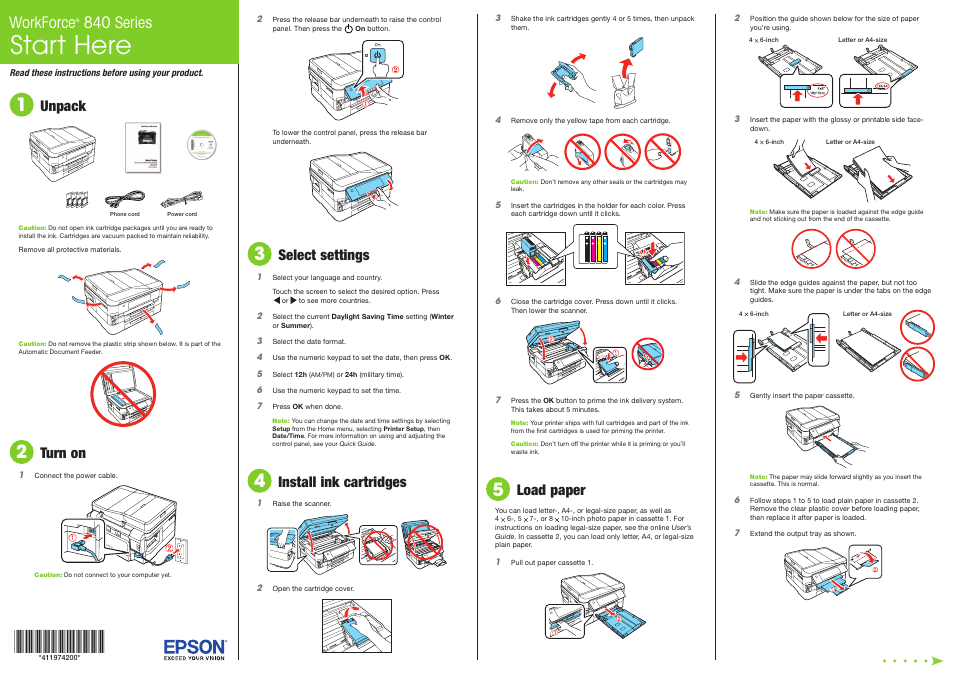 Load paper, Start here, Workforce | 840 series, Unpack, Turn on, Select settings, Install ink cartridges | Epson WorkForce 840 User Manual | Page 2 / 4