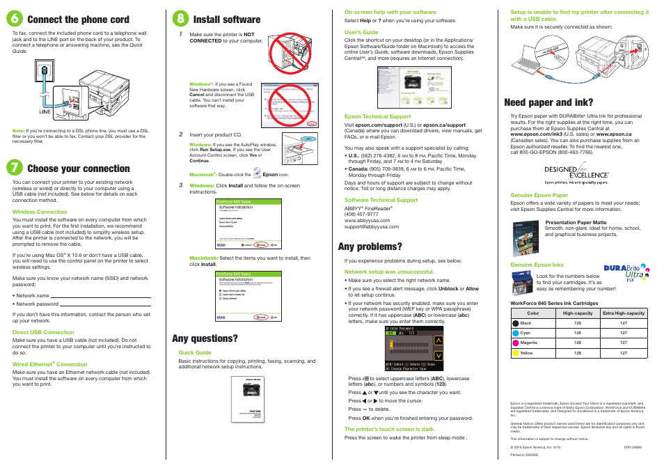 Connect the phone cord, Choose your connection, Install software | Any questions, Need paper and ink, Any problems | Epson WorkForce 840 User Manual | Page 3 / 4