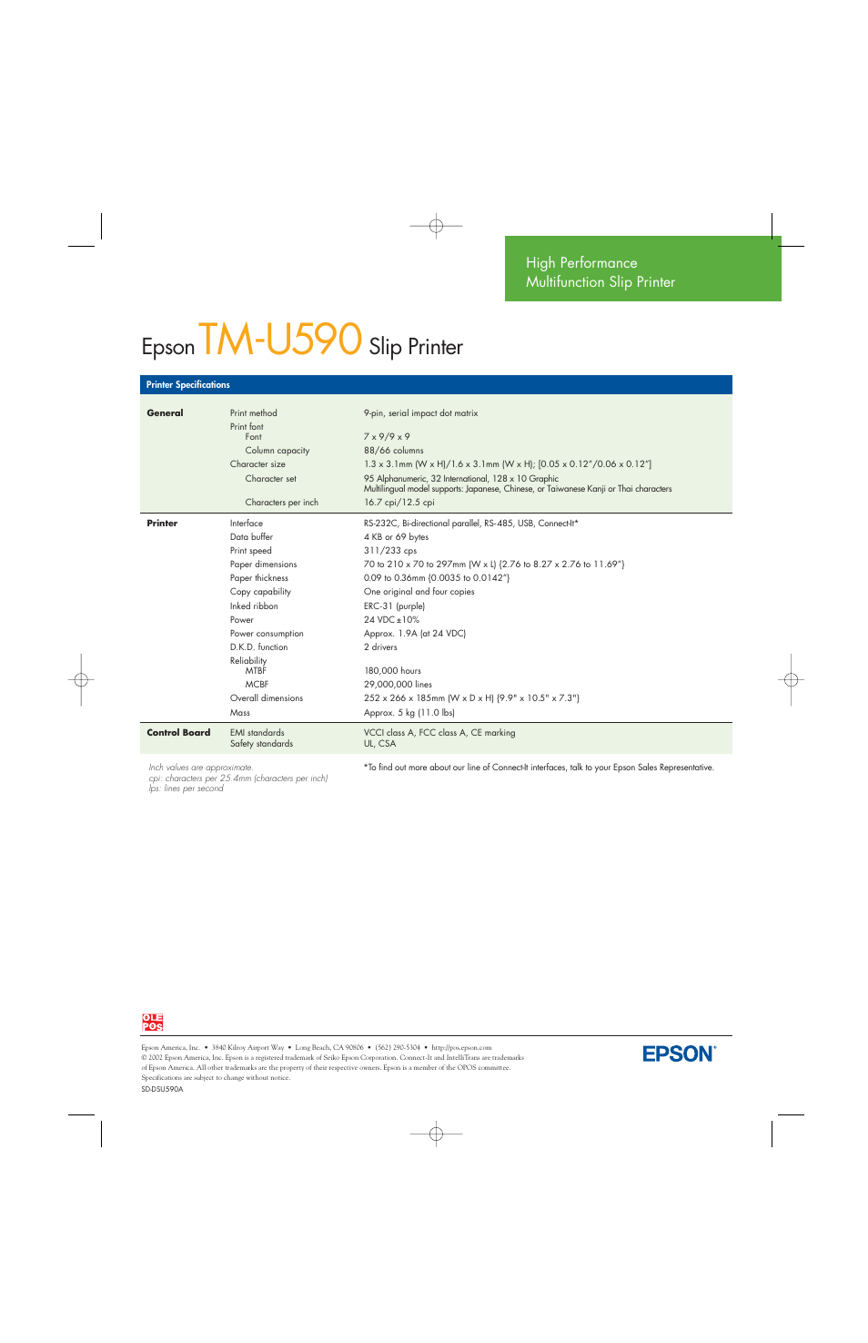 Tm-u590, Epson, Slip printer | High performance multifunction slip printer | Epson TM-U560 User Manual | Page 2 / 2