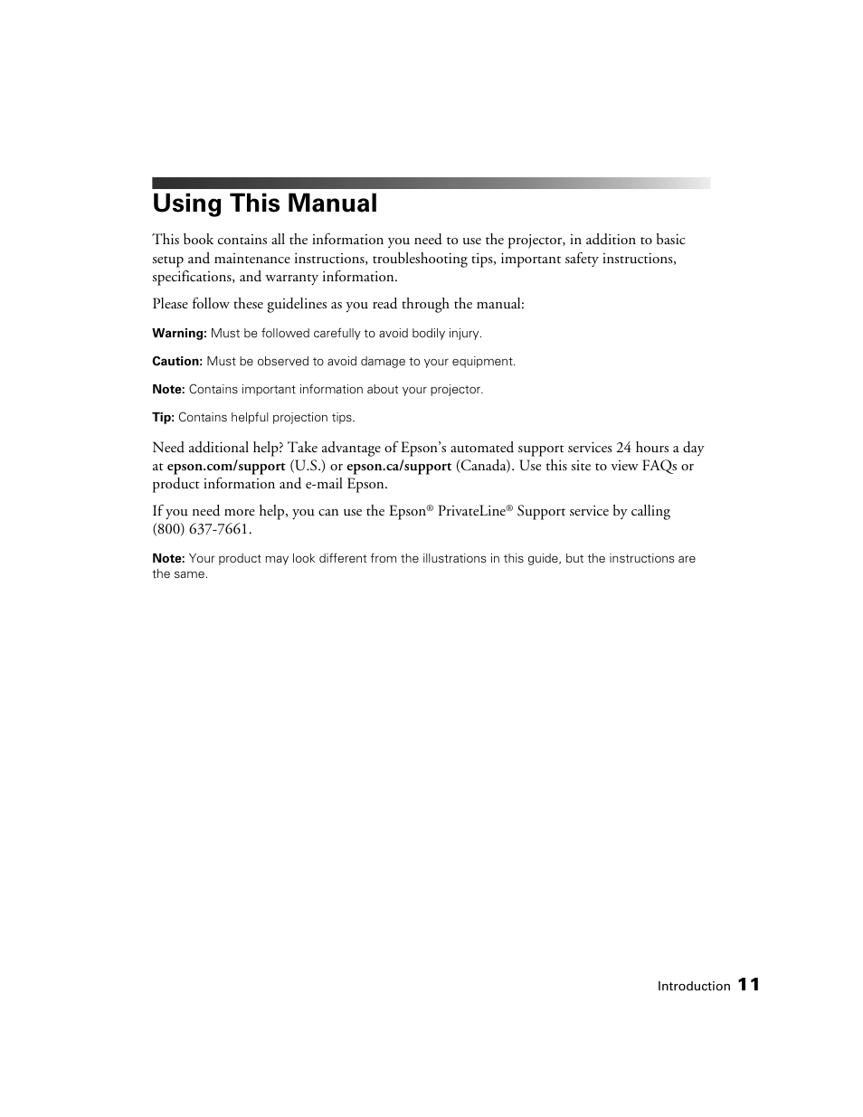 Using this manual | Epson 5020UB User Manual | Page 11 / 96