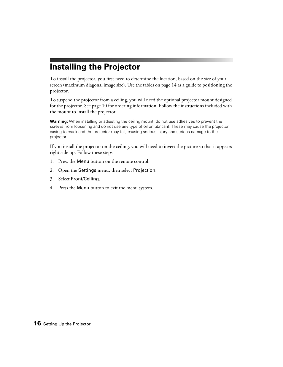 Installing the projector | Epson 5020UB User Manual | Page 16 / 96