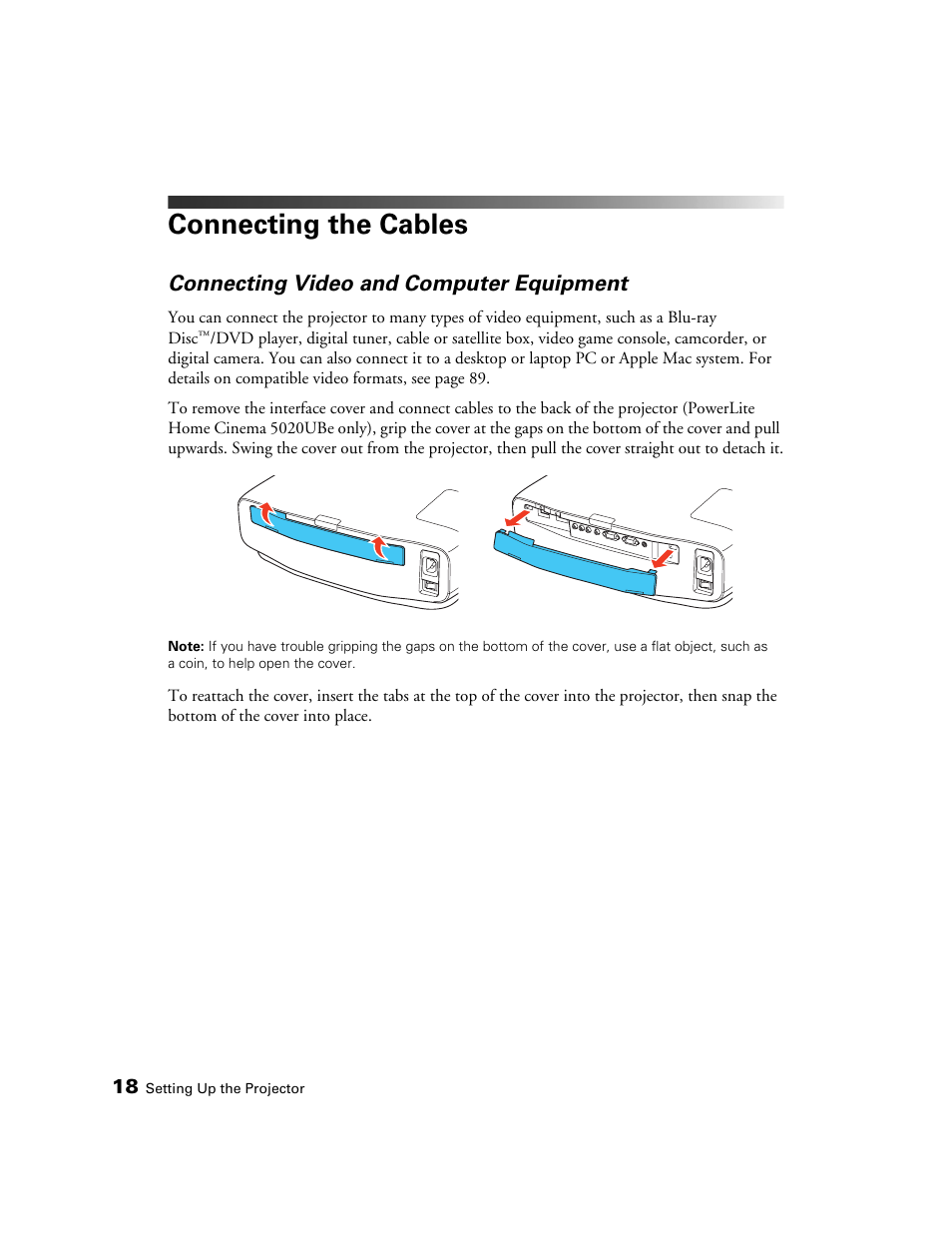Connecting the cables, Connecting video and computer equipment | Epson 5020UB User Manual | Page 18 / 96