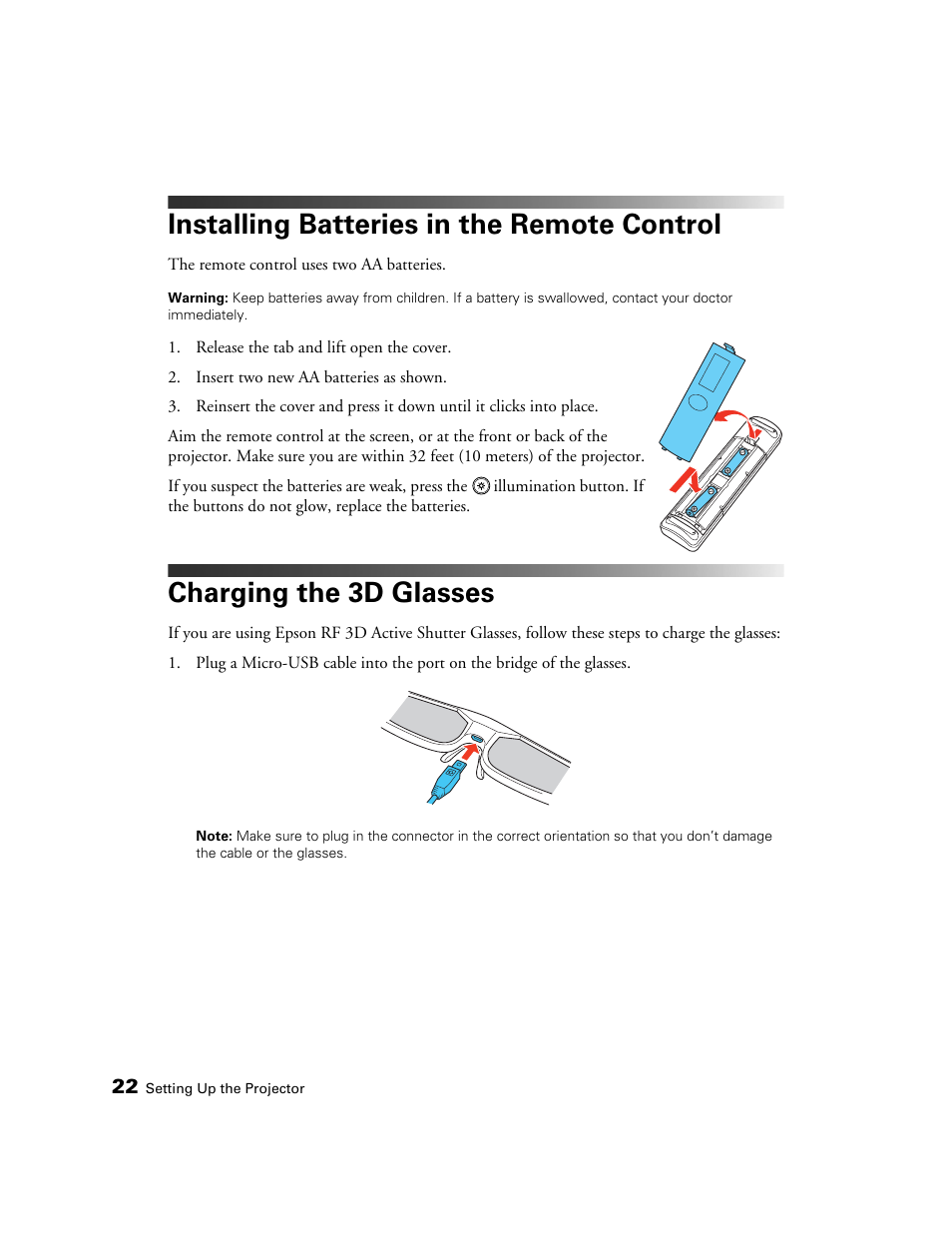 Installing batteries in the remote control, Charging the 3d glasses | Epson 5020UB User Manual | Page 22 / 96