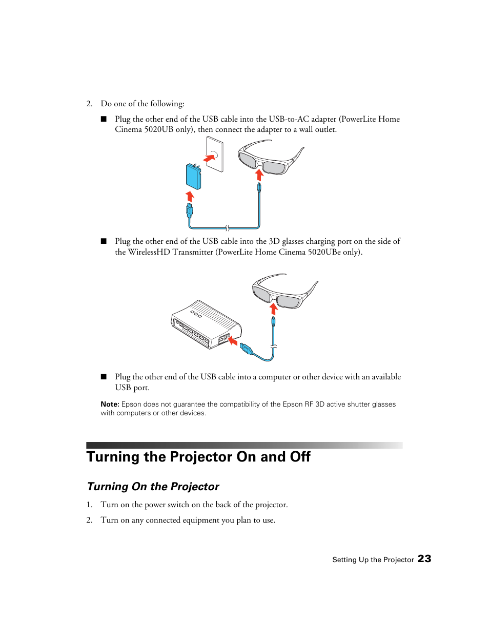 Turning the projector on and off, Turning on the projector | Epson 5020UB User Manual | Page 23 / 96