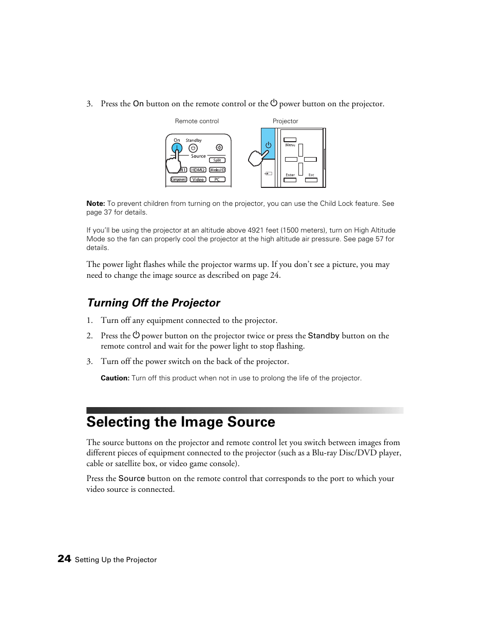 Turning off the projector, Selecting the image source | Epson 5020UB User Manual | Page 24 / 96