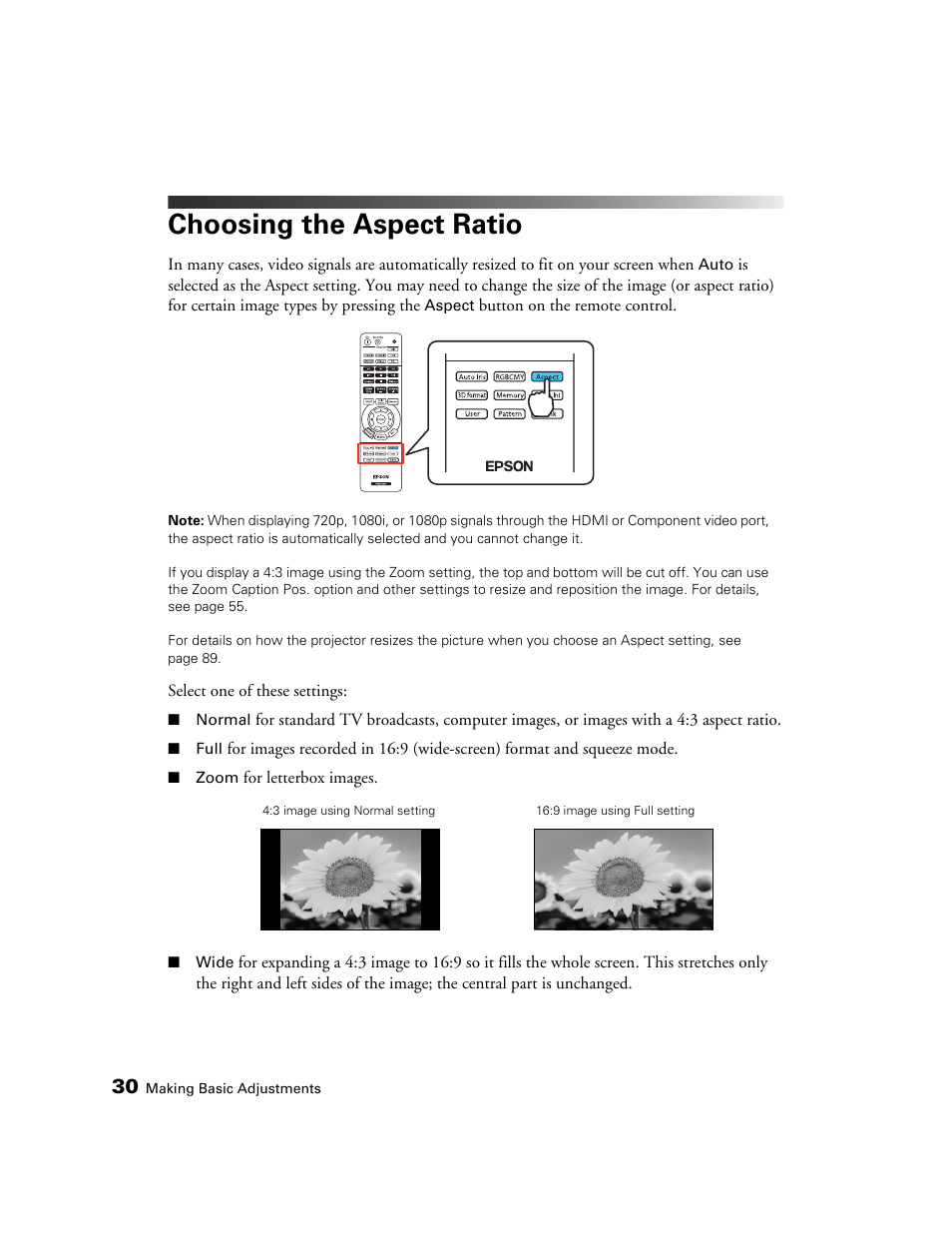 Choosing the aspect ratio | Epson 5020UB User Manual | Page 30 / 96