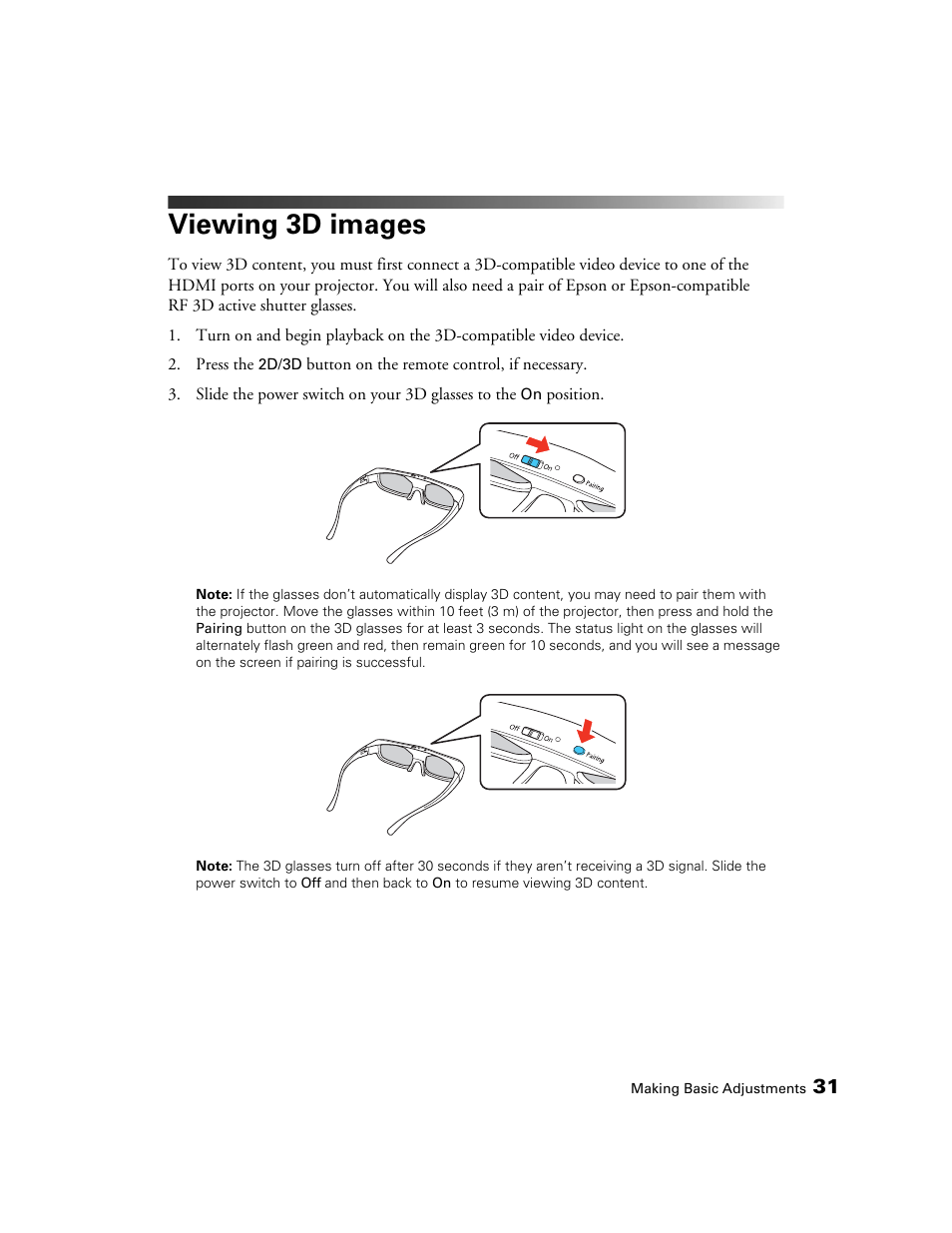 Viewing 3d images | Epson 5020UB User Manual | Page 31 / 96