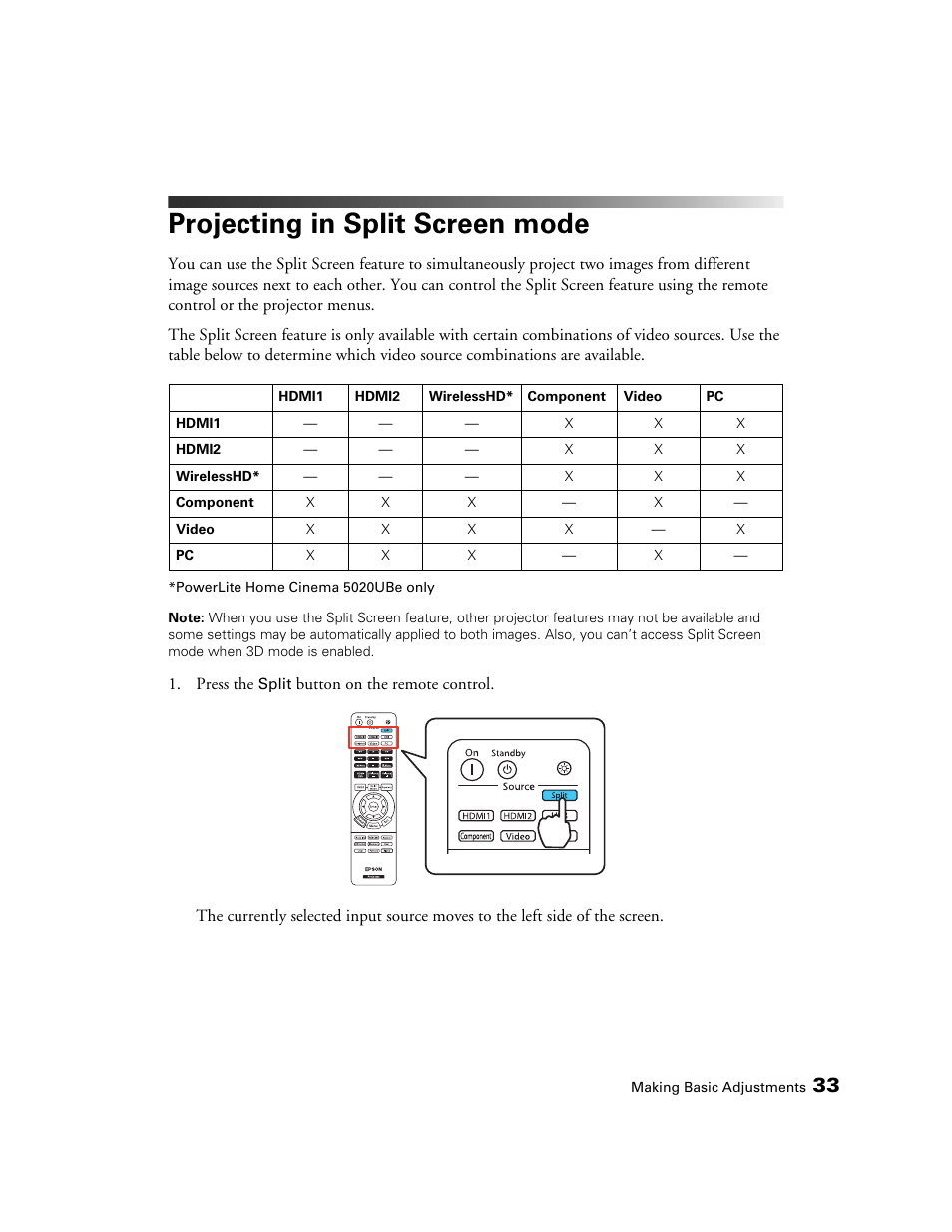 Projecting in split screen mode | Epson 5020UB User Manual | Page 33 / 96