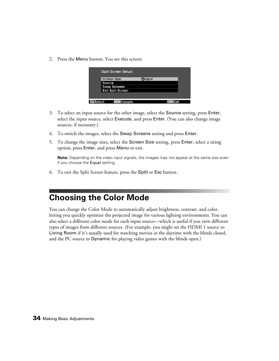 Choosing the color mode | Epson 5020UB User Manual | Page 34 / 96