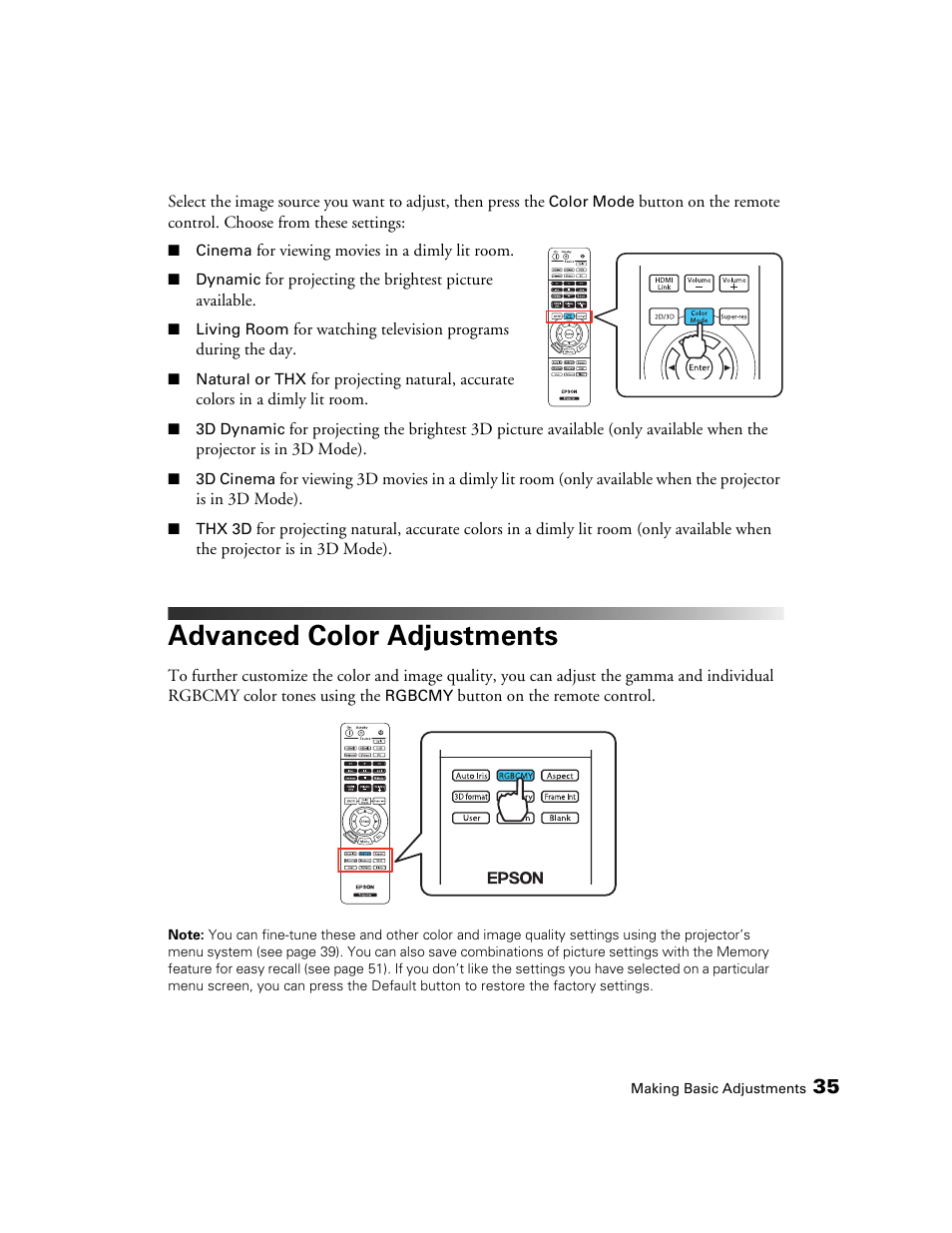 Advanced color adjustments | Epson 5020UB User Manual | Page 35 / 96