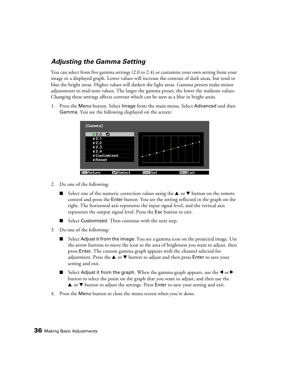 Adjusting the gamma setting | Epson 5020UB User Manual | Page 36 / 96