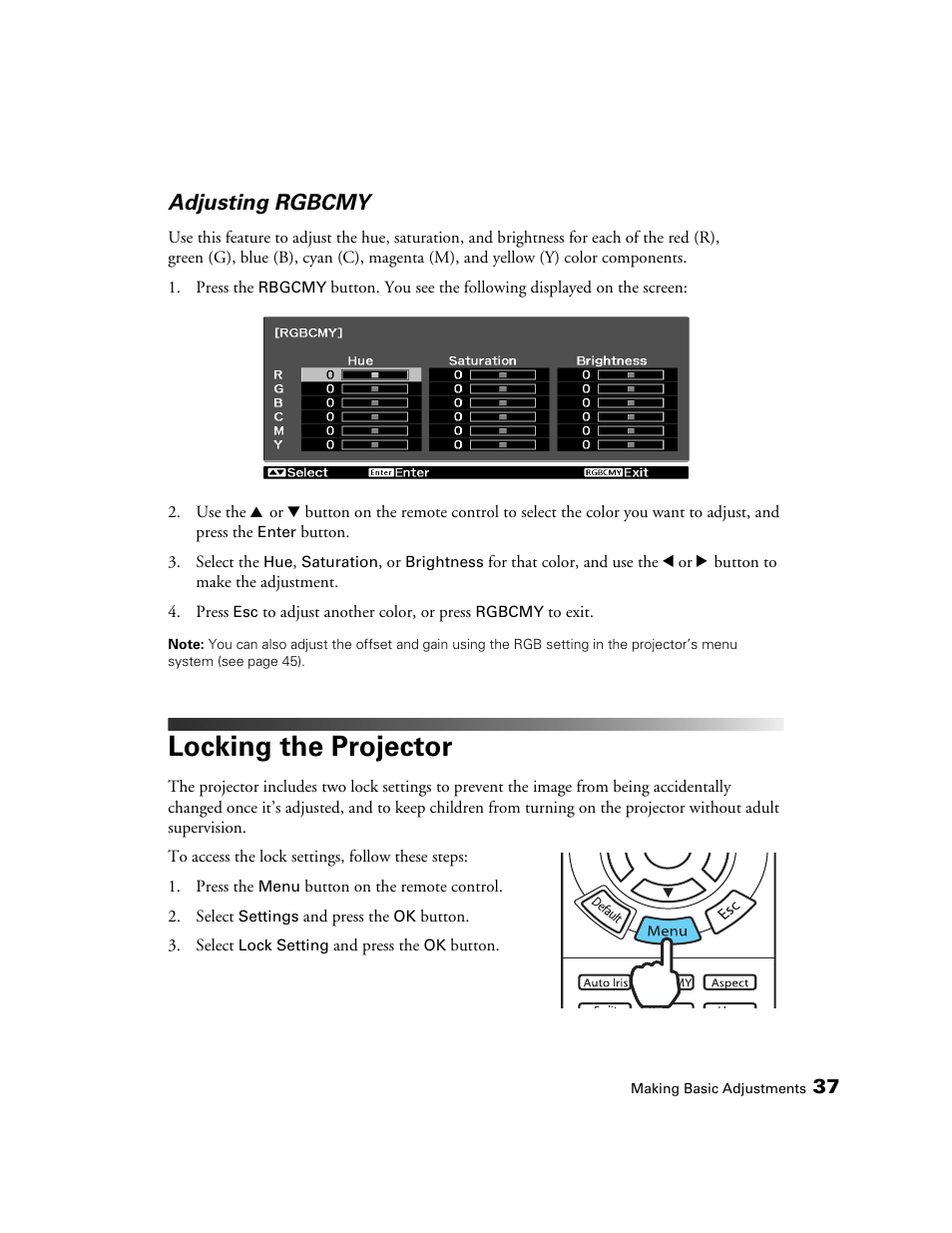 Adjusting rgbcmy, Locking the projector | Epson 5020UB User Manual | Page 37 / 96