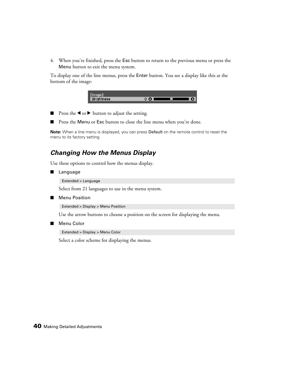 Changing how the menus display | Epson 5020UB User Manual | Page 40 / 96