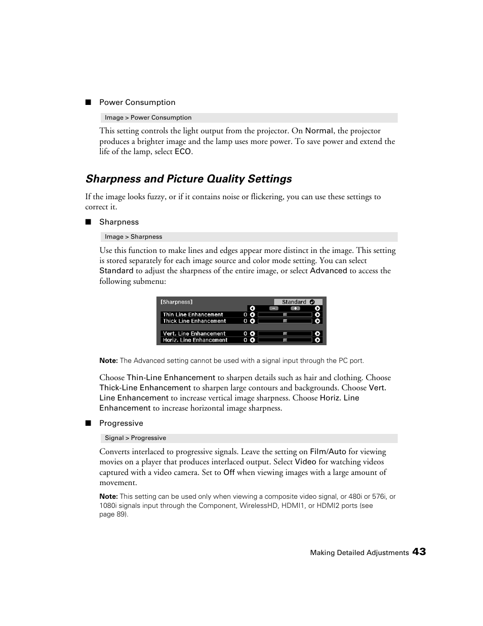Sharpness and picture quality settings | Epson 5020UB User Manual | Page 43 / 96