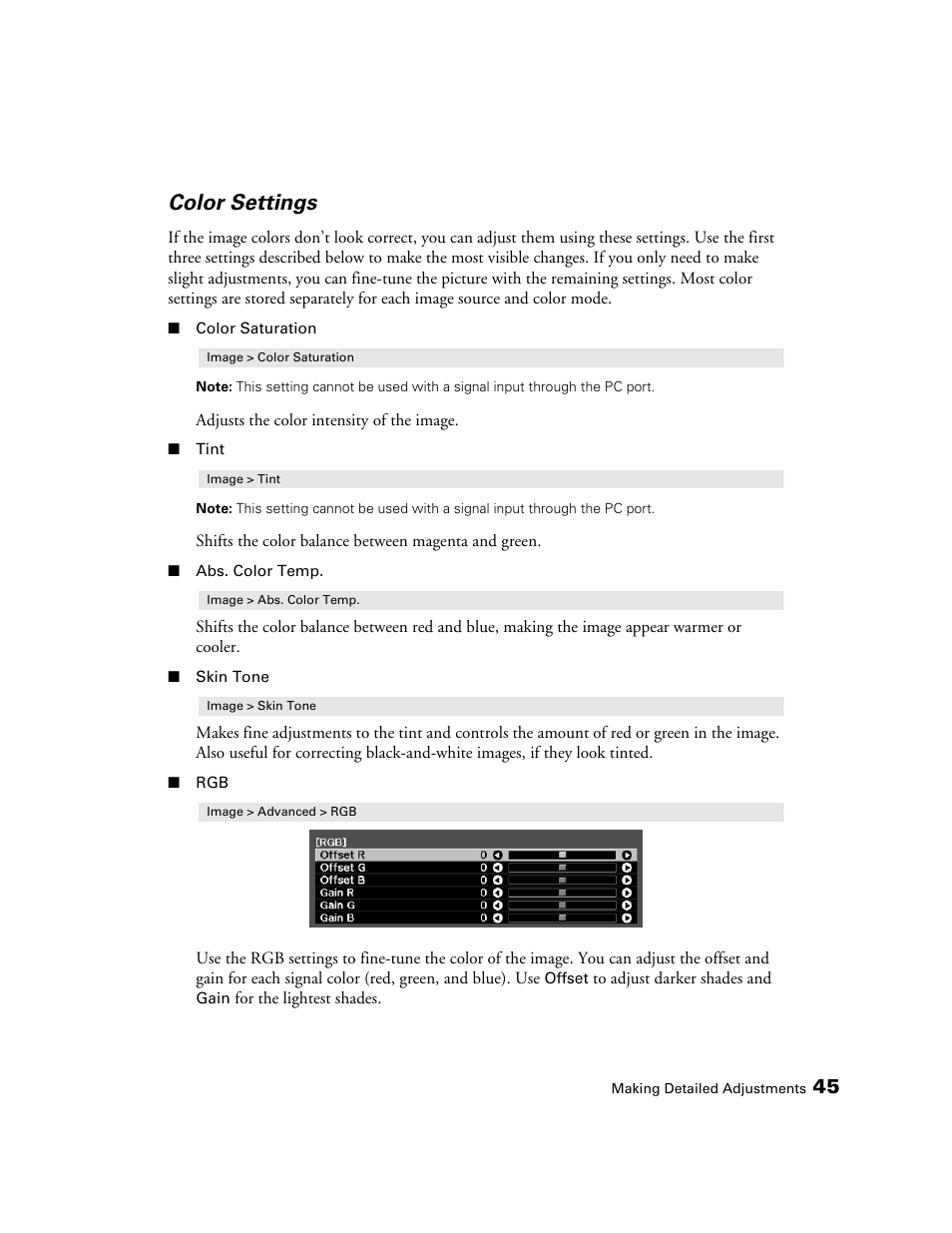 Color settings | Epson 5020UB User Manual | Page 45 / 96