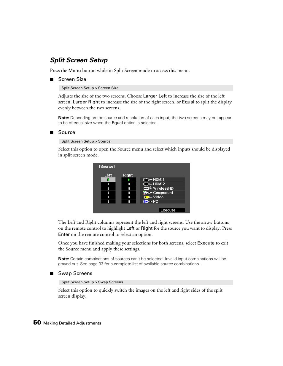 Split screen setup | Epson 5020UB User Manual | Page 50 / 96
