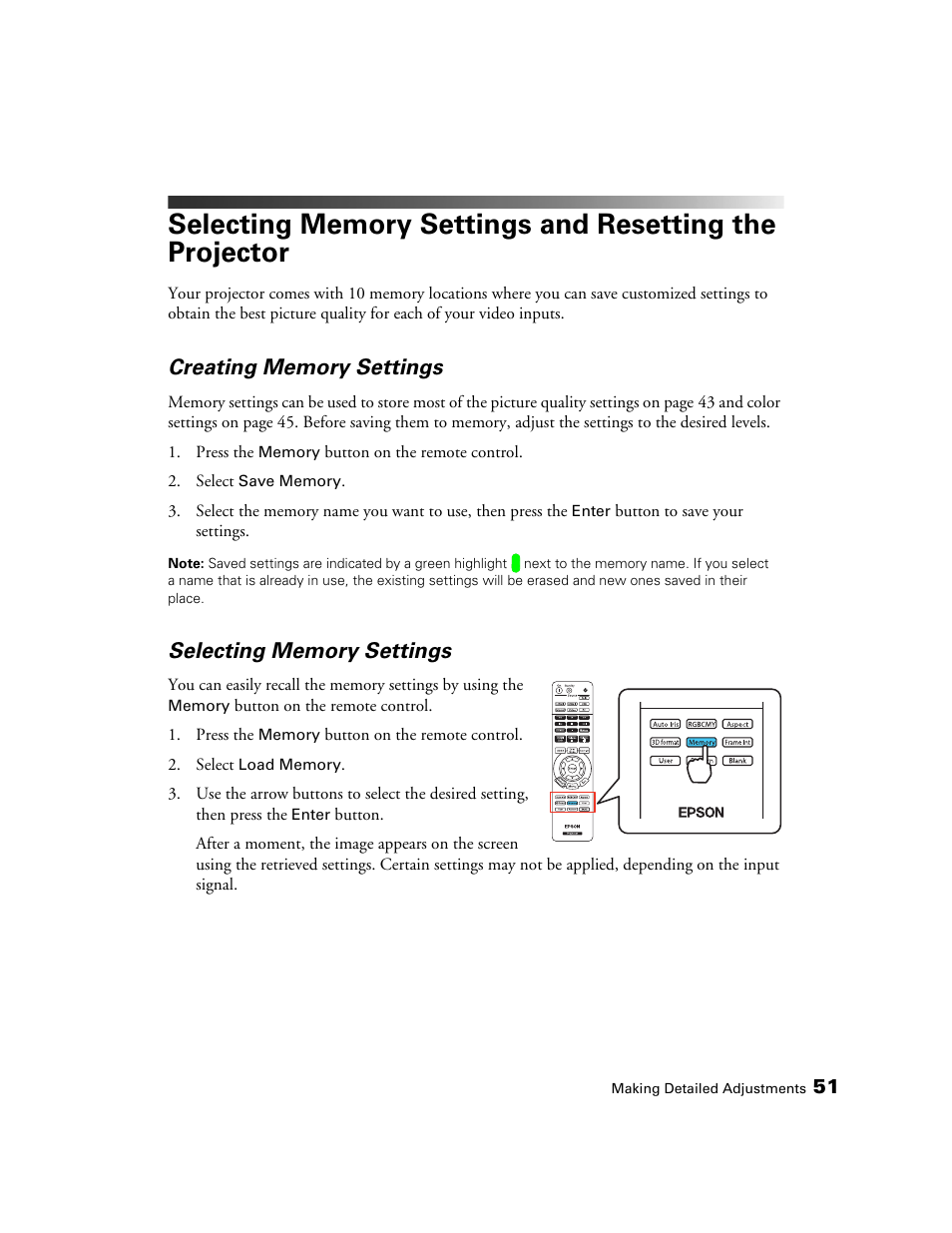 Creating memory settings, Selecting memory settings | Epson 5020UB User Manual | Page 51 / 96