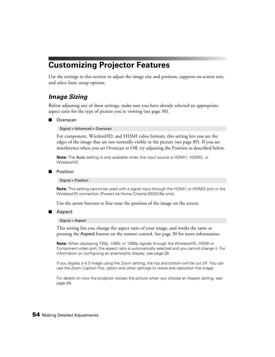 Customizing projector features, Image sizing | Epson 5020UB User Manual | Page 54 / 96