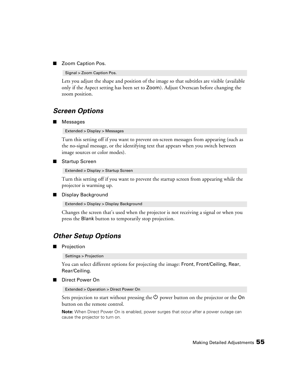 Screen options, Other setup options | Epson 5020UB User Manual | Page 55 / 96