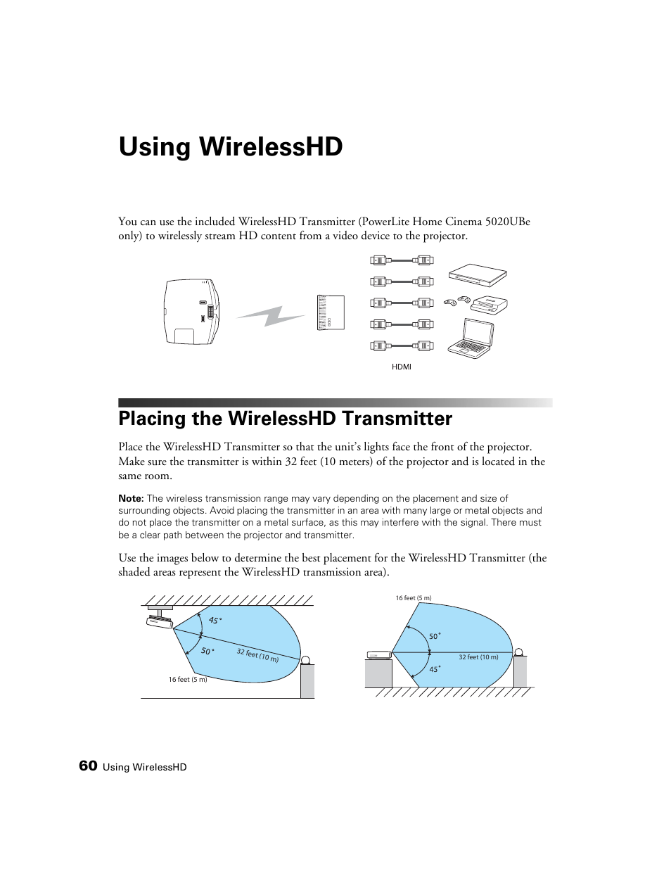 Using wirelesshd, Placing the wirelesshd transmitter | Epson 5020UB User Manual | Page 60 / 96