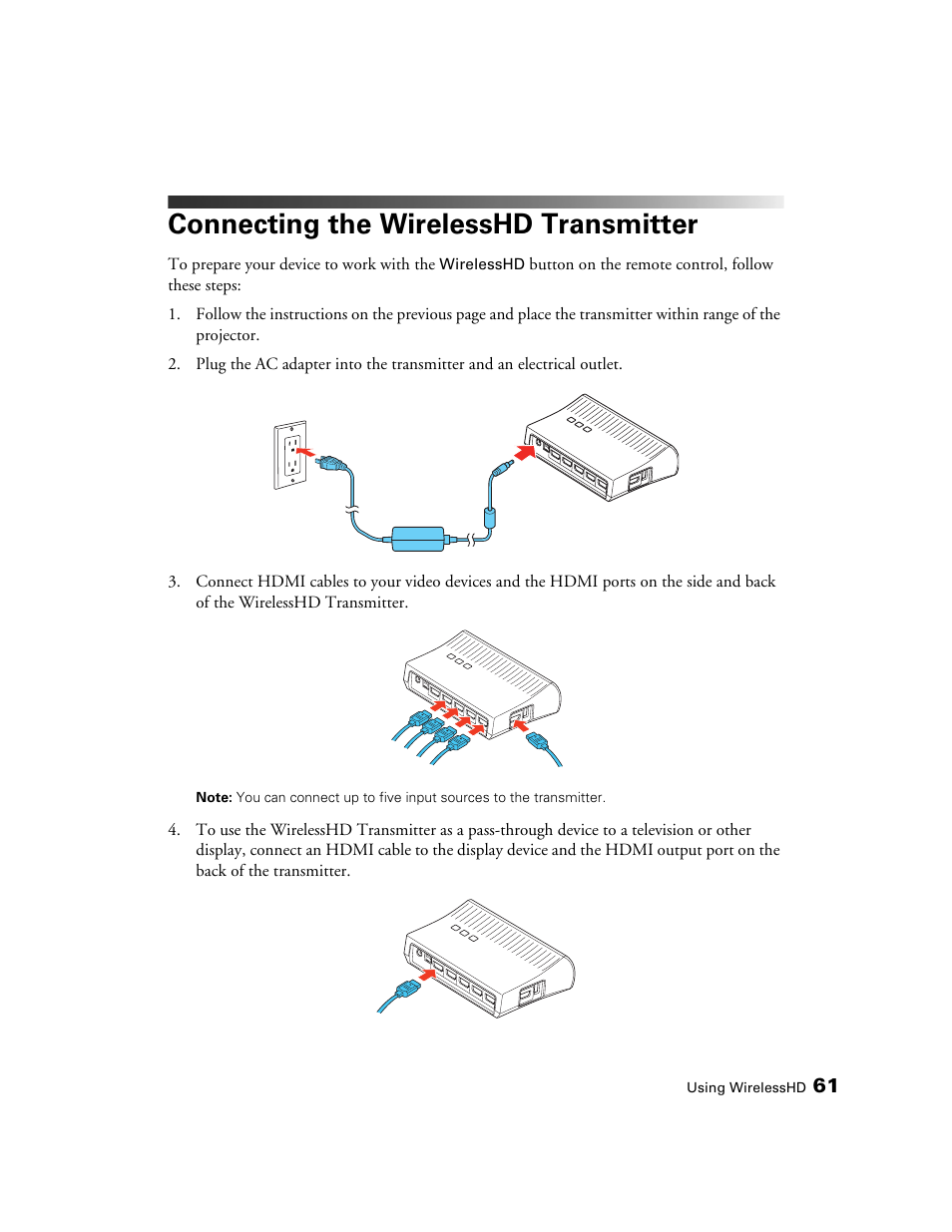 Connecting the wirelesshd transmitter | Epson 5020UB User Manual | Page 61 / 96