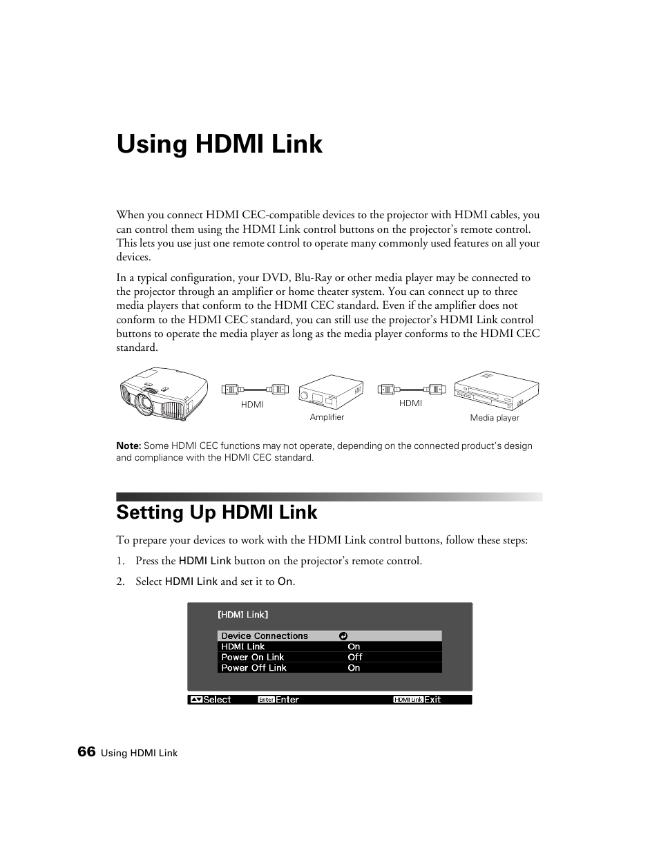 Using hdmi link, Setting up hdmi link | Epson 5020UB User Manual | Page 66 / 96