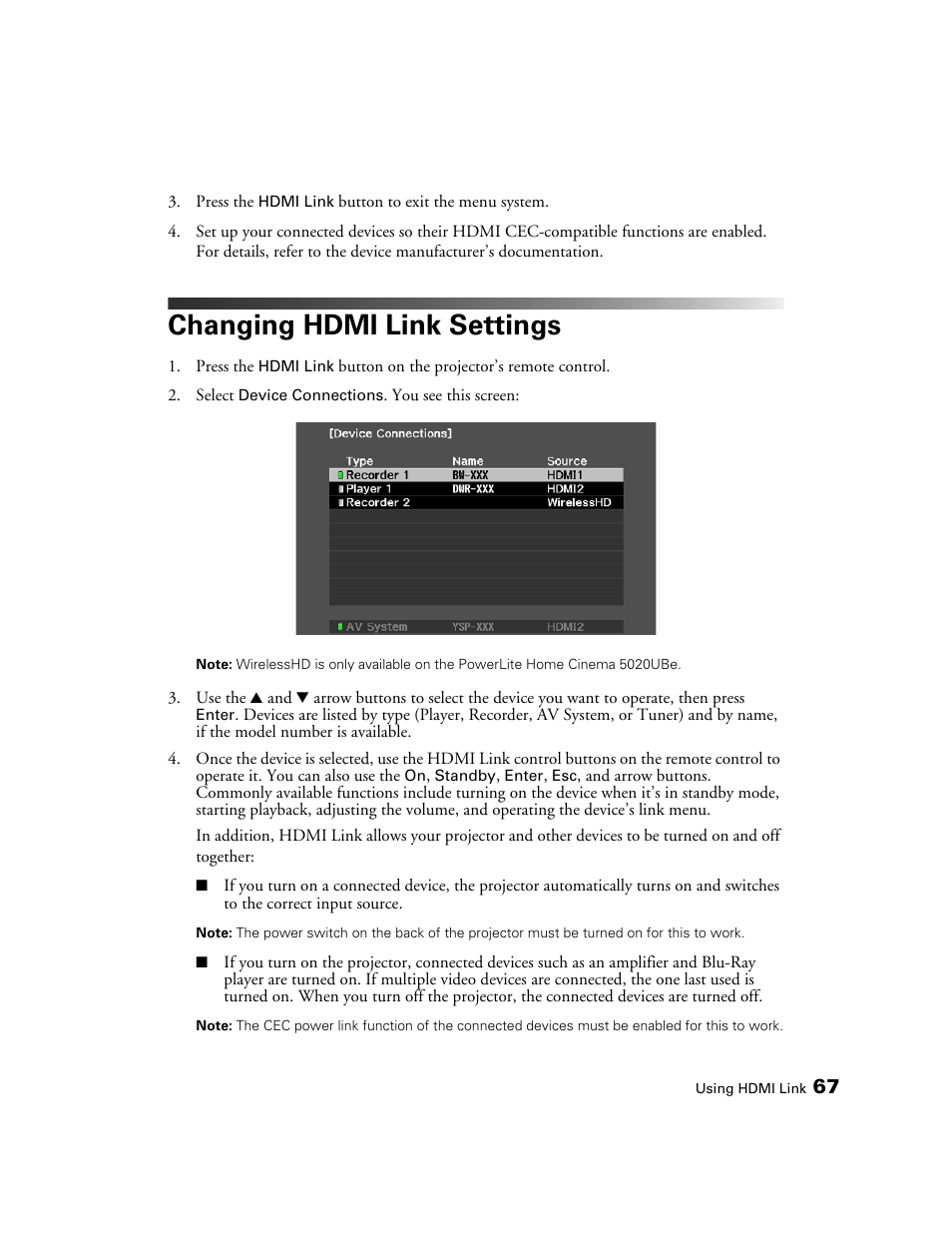 Changing hdmi link settings | Epson 5020UB User Manual | Page 67 / 96