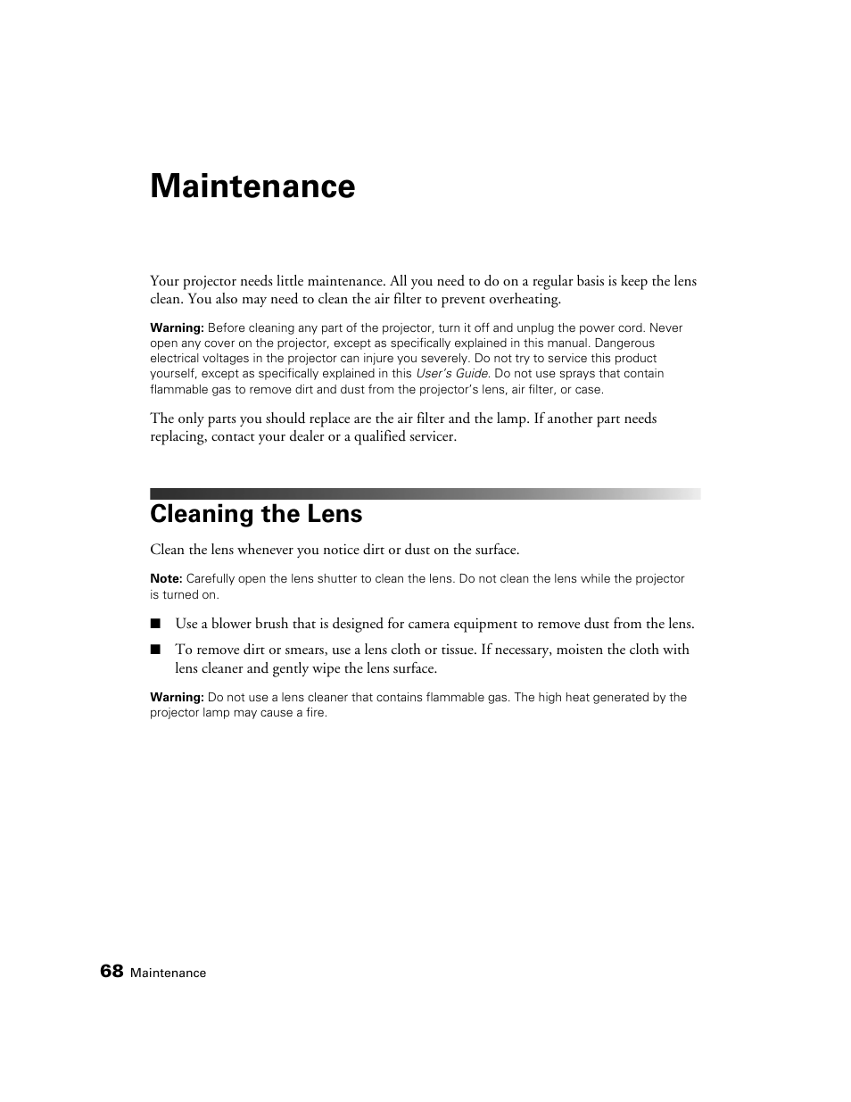 Maintenance, Cleaning the lens | Epson 5020UB User Manual | Page 68 / 96