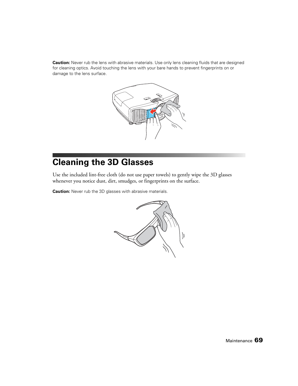 Cleaning the 3d glasses | Epson 5020UB User Manual | Page 69 / 96