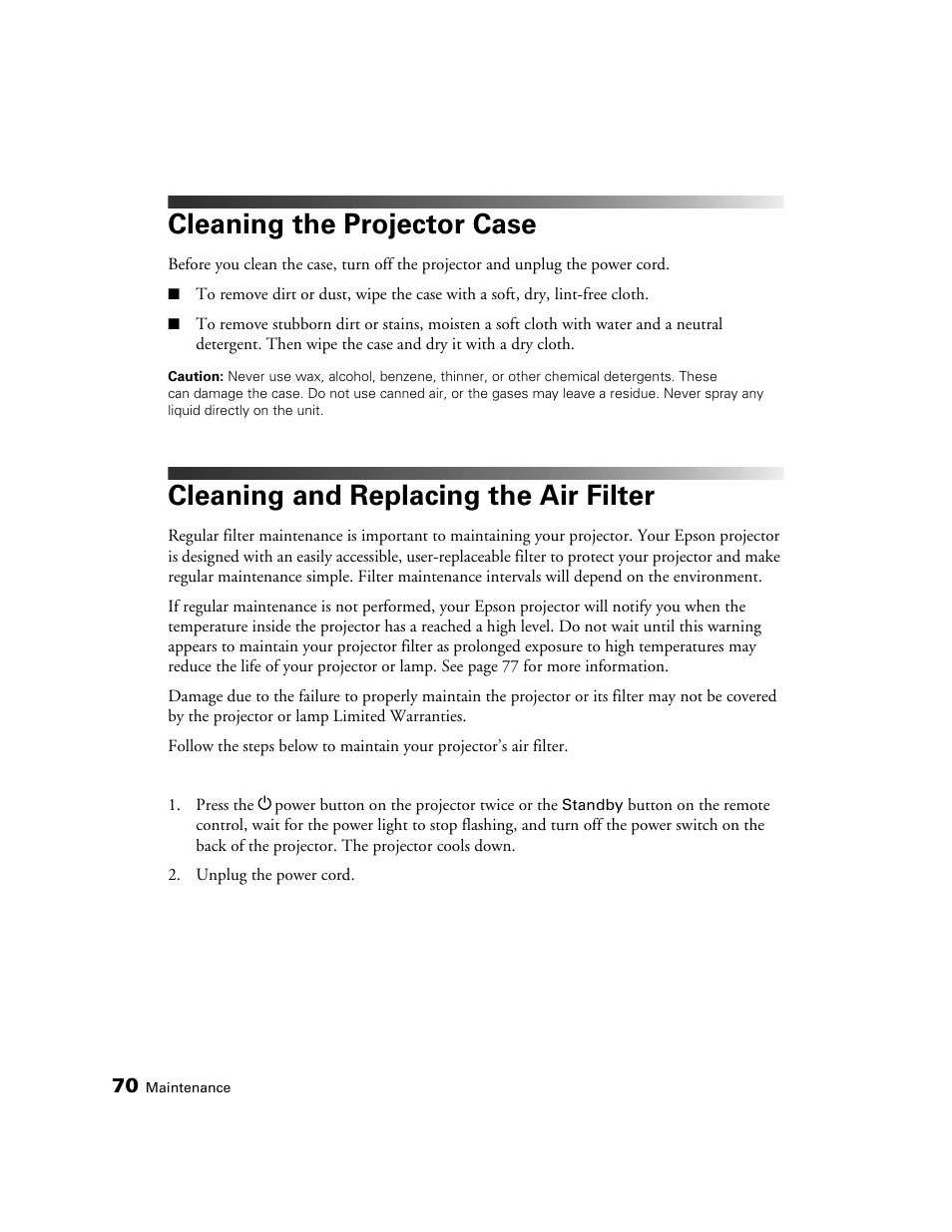 Cleaning the projector case, Cleaning and replacing the air filter | Epson 5020UB User Manual | Page 70 / 96