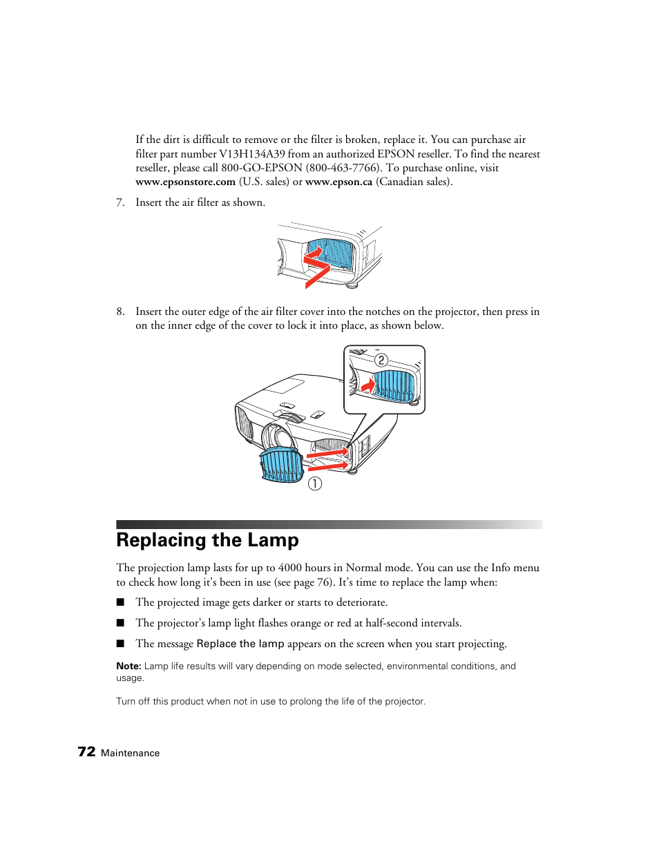 Replacing the lamp | Epson 5020UB User Manual | Page 72 / 96