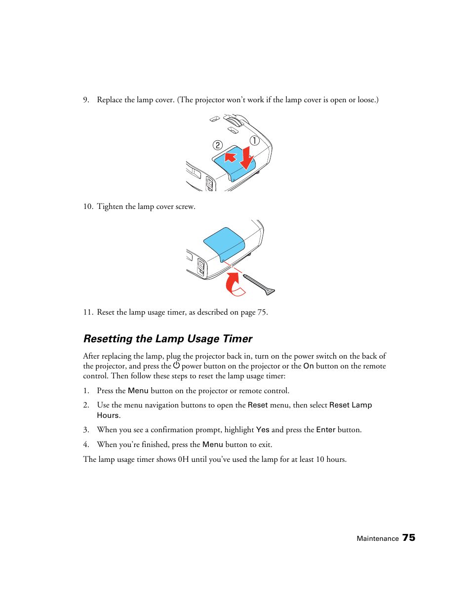 Resetting the lamp usage timer | Epson 5020UB User Manual | Page 75 / 96