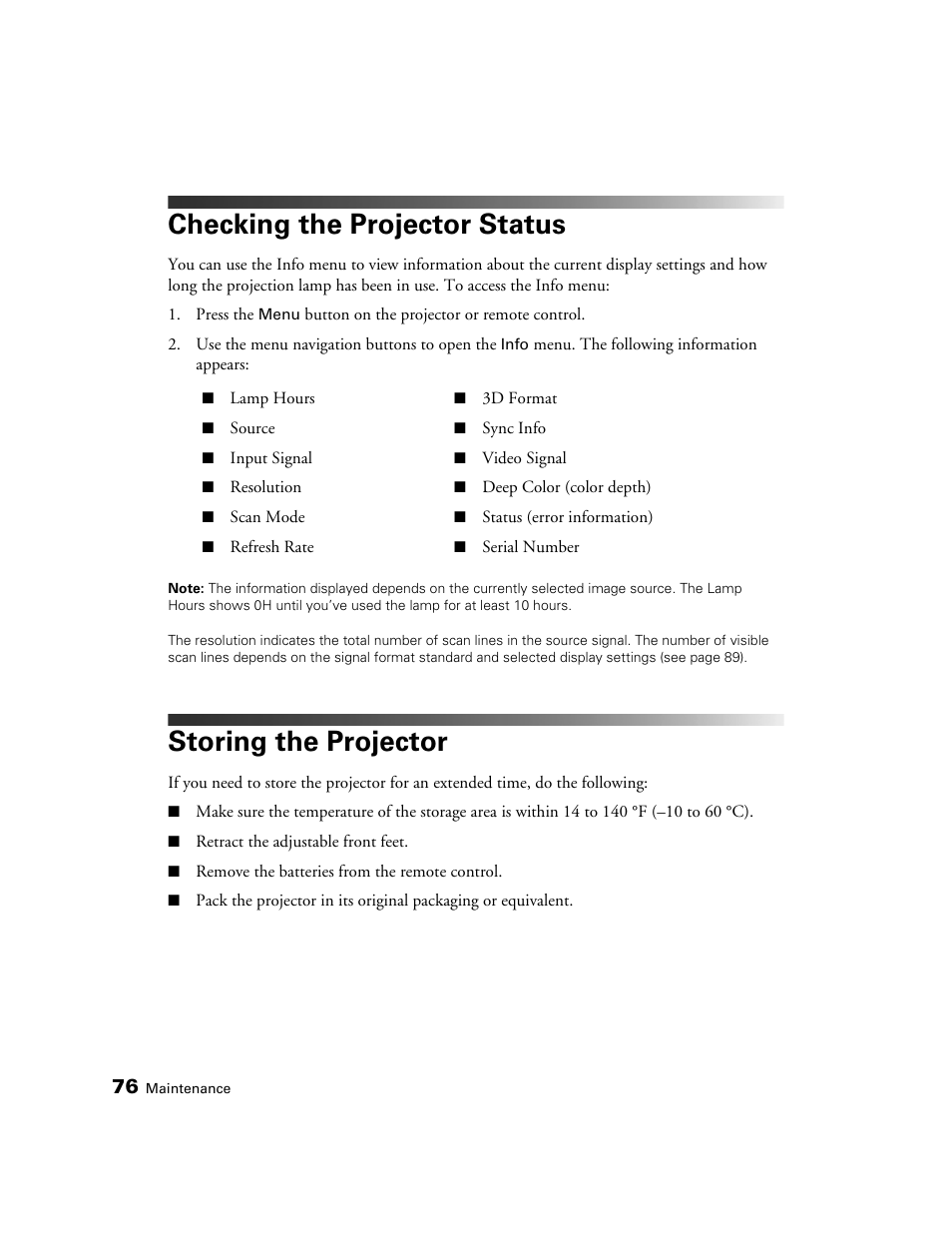 Checking the projector status, Storing the projector | Epson 5020UB User Manual | Page 76 / 96