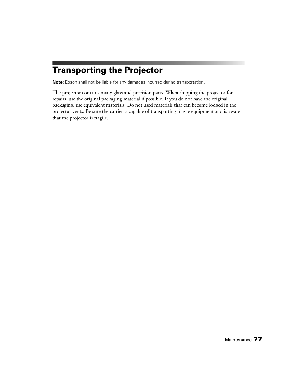 Transporting the projector | Epson 5020UB User Manual | Page 77 / 96