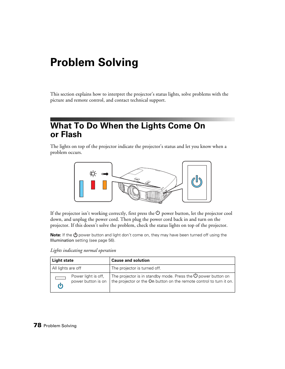 Problem solving, What to do when the lights come on or flash | Epson 5020UB User Manual | Page 78 / 96