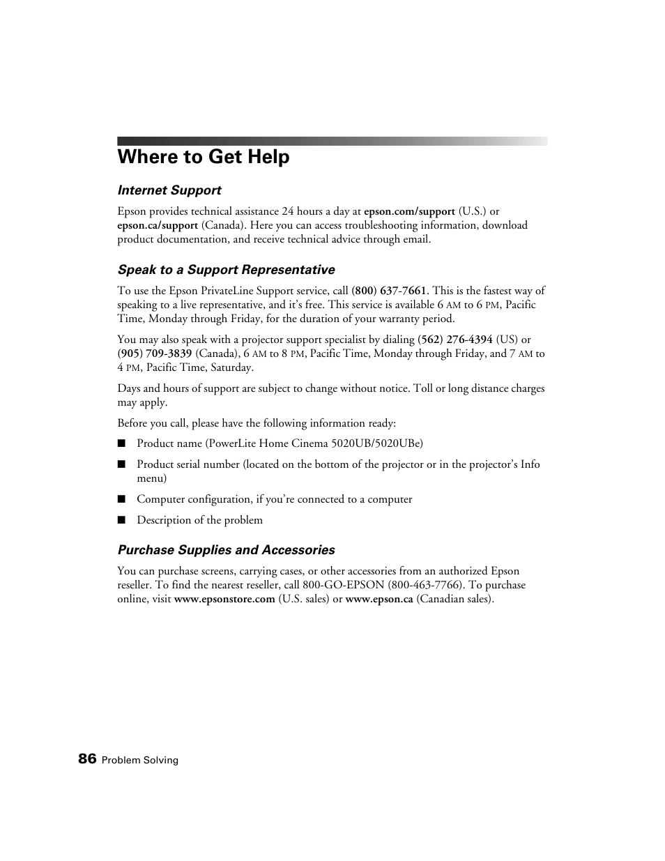 Where to get help | Epson 5020UB User Manual | Page 86 / 96