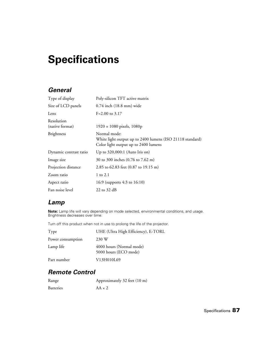 Specifications, General, Lamp | Remote control | Epson 5020UB User Manual | Page 87 / 96