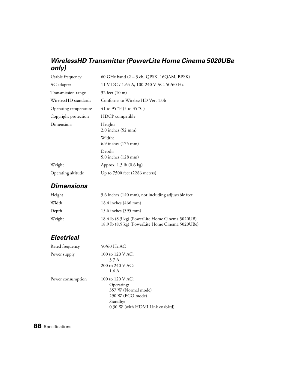 Dimensions, Electrical | Epson 5020UB User Manual | Page 88 / 96