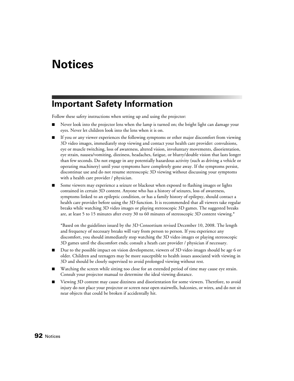 Notices, Important safety information | Epson 5020UB User Manual | Page 92 / 96
