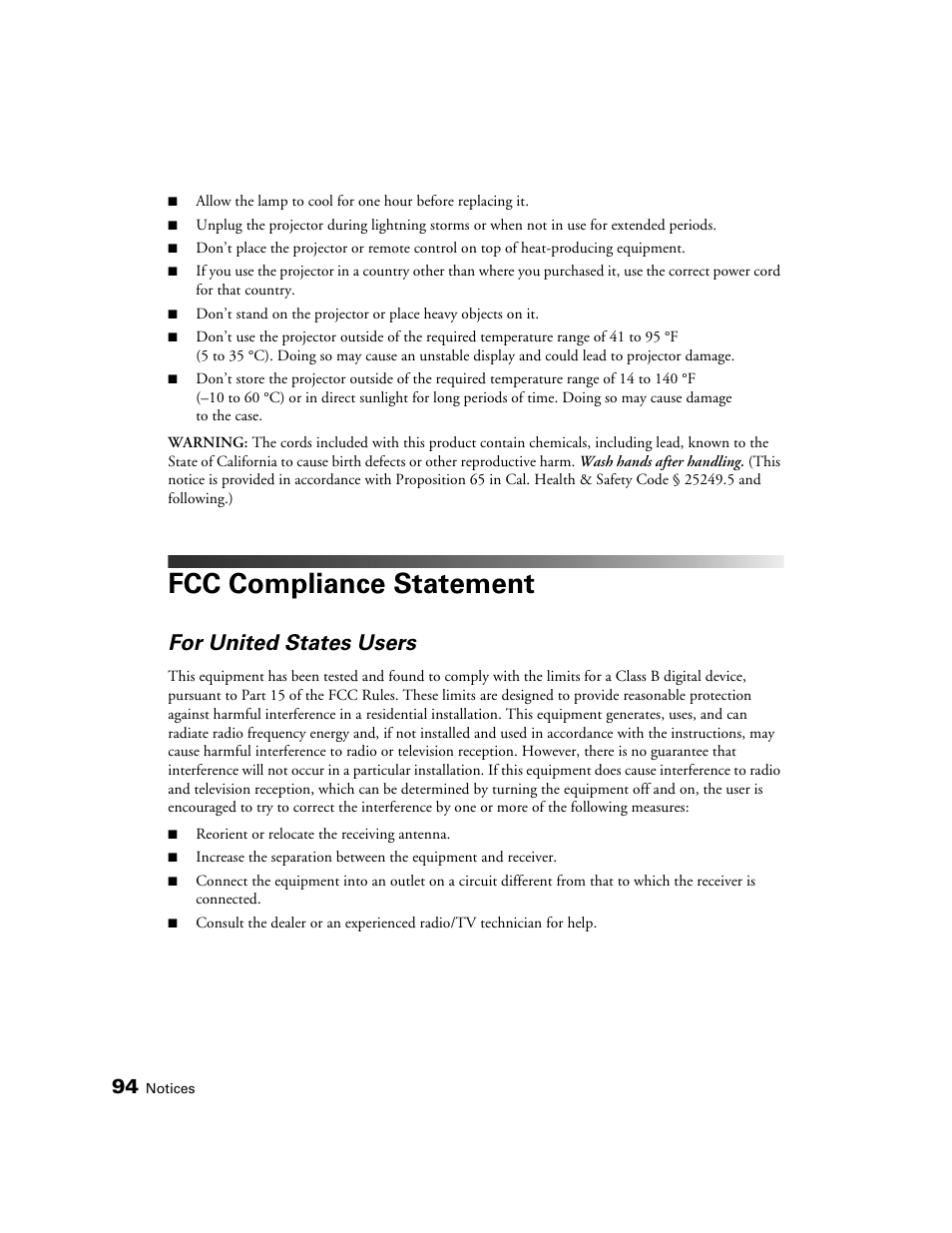 Fcc compliance statement, For united states users | Epson 5020UB User Manual | Page 94 / 96