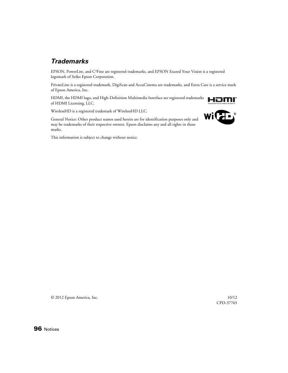 Trademarks | Epson 5020UB User Manual | Page 96 / 96