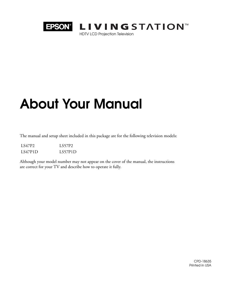 About your manual sheet 2 - cpd-18635, About your manual | Epson LS47P2C User Manual | Page 2 / 5