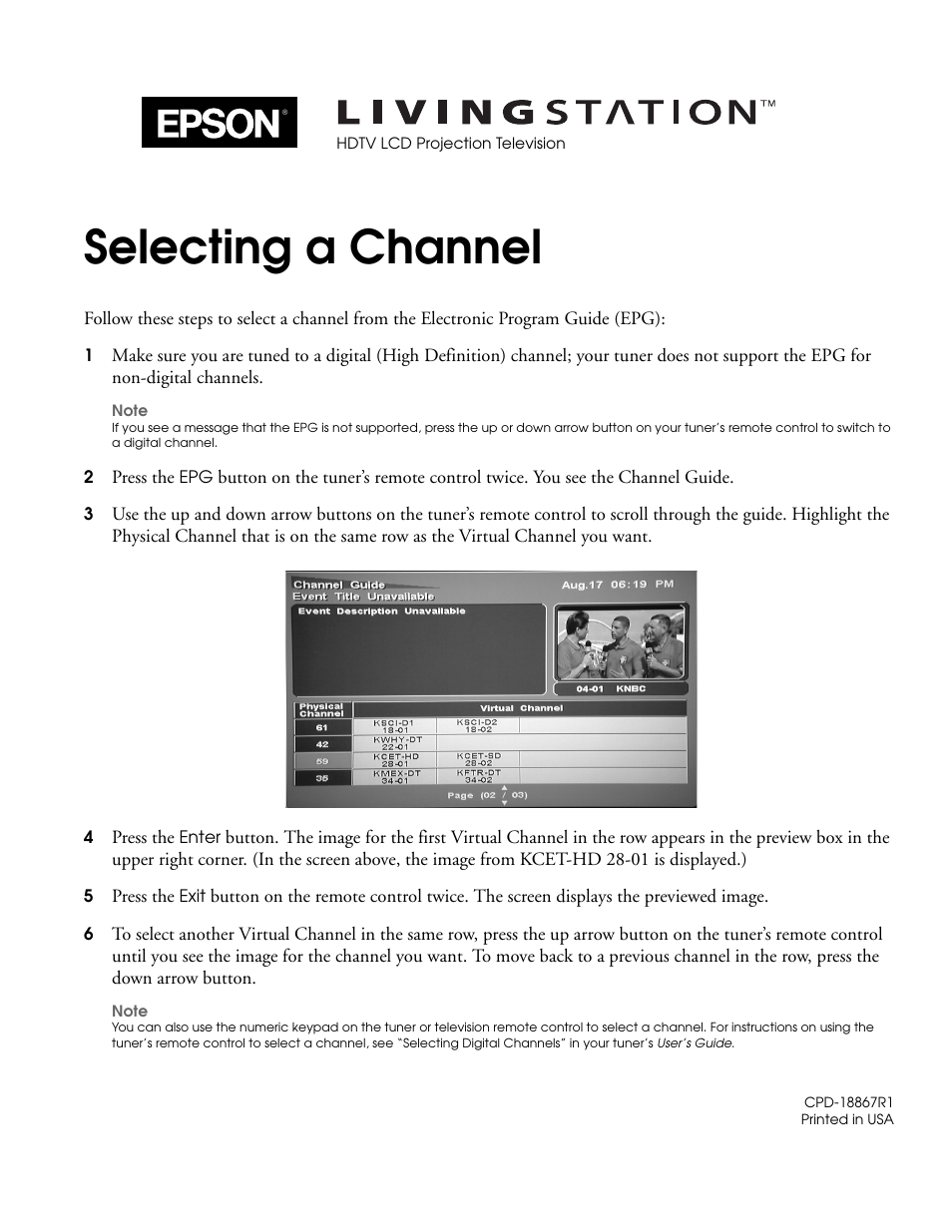 Selecting a channel - cpd-18867r1, Selecting a channel | Epson LS47P2C User Manual | Page 3 / 5