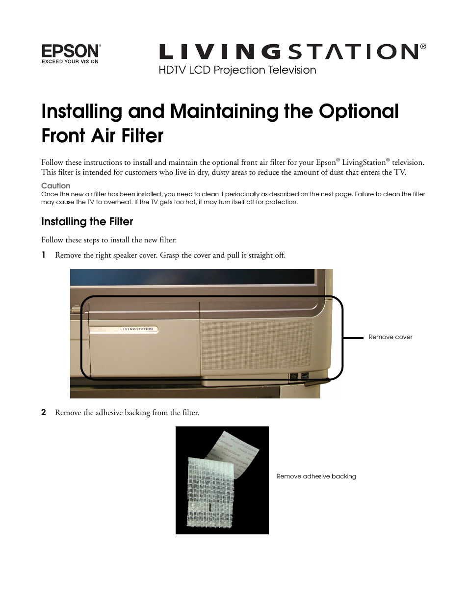 Installing the filter, Hdtv lcd projection television | Epson LS47P2C User Manual | Page 4 / 5