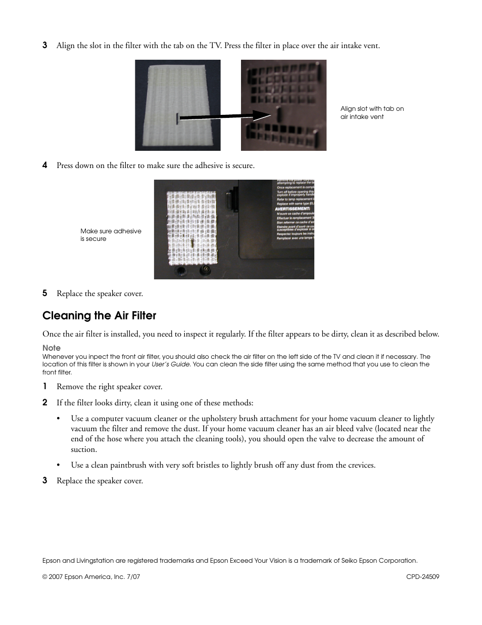 Cleaning the air filter | Epson LS47P2C User Manual | Page 5 / 5