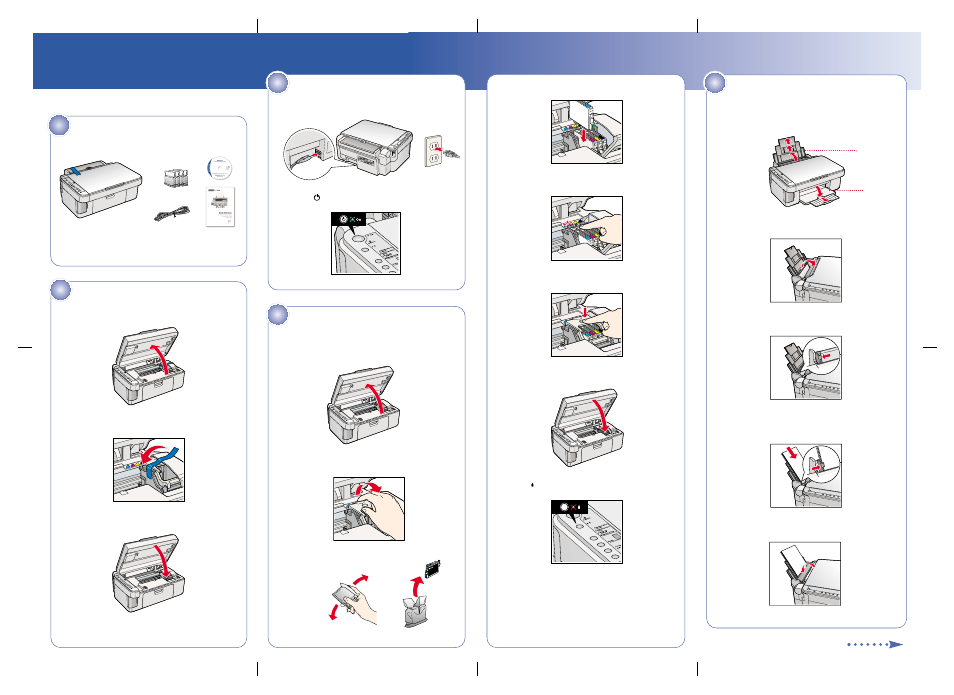 Install ink cartridges, Turn on the cx4600, Start here | Epson stylus, Cx4600, Unpack, Load paper, Unlock the printer, Turn over | Epson Stylus CX4600 User Manual | Page 2 / 8
