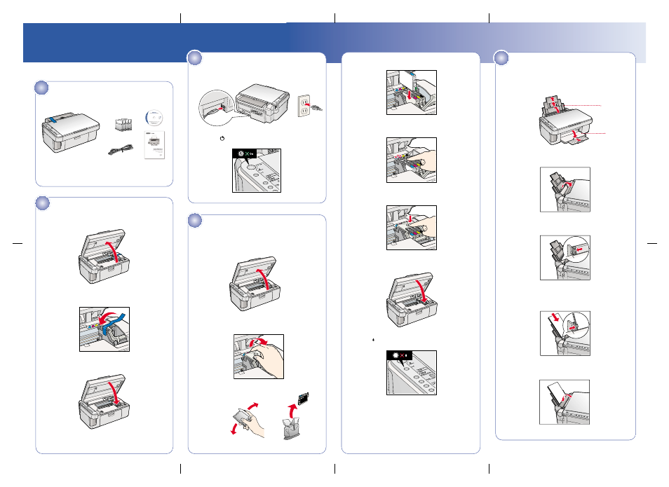 Load paper, Start here, Epson stylus | Cx4600, Unpack, Install ink cartridges, Unlock the printer, Turn on the cx4600 | Epson Stylus CX4600 User Manual | Page 4 / 8